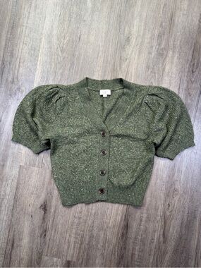 Ann Taylor LOFT Cropped Puff Sleeve Cardigan Olive Green S
